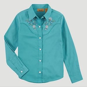 GIRL'S FANCY EMBROIDERED YOKE LONG SLEEVE WESTERN SNAP SHIRT IN TEAL SIZE LARGE